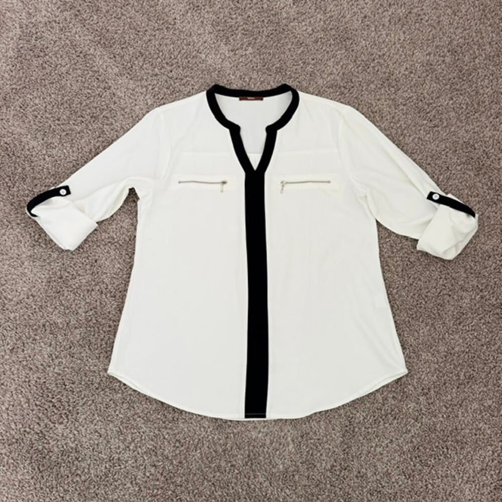 Gaharu White Shirt Tail Blouse Black Trim Roll Tab Sleeves Dressy-Casual Women L